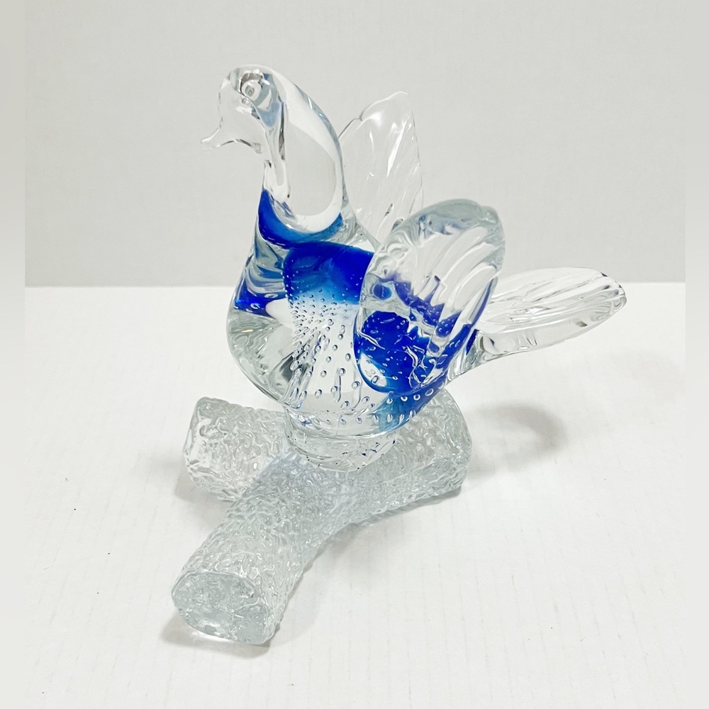 Murano Art Glass Dove on Branch Clear and Blue with controlled Bubbles